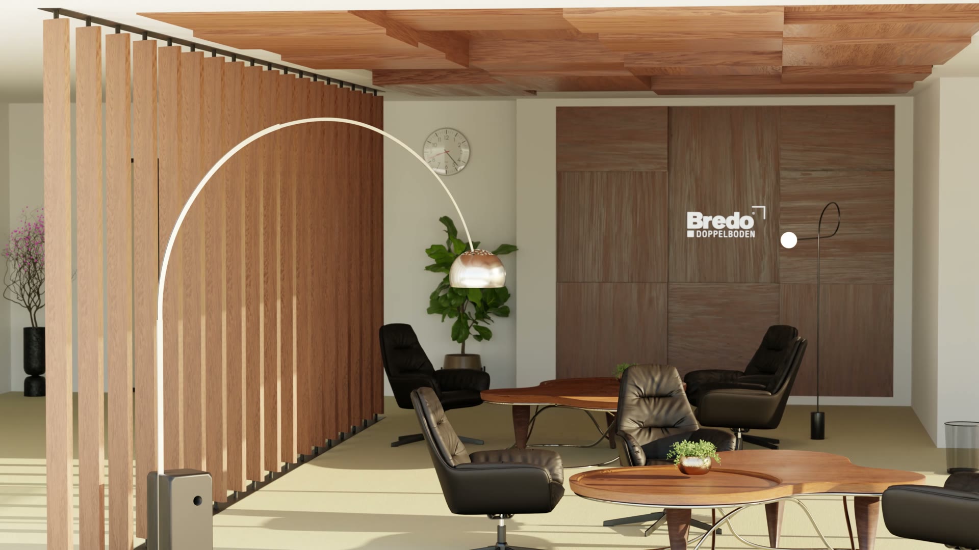Produkt-Demo Doppelboden: 3D-Standbild eines Büro-Loungebereichs mit Ledersesseln, runden Holztischen und einer Holzlamellen-Trennwand auf einem Doppelboden