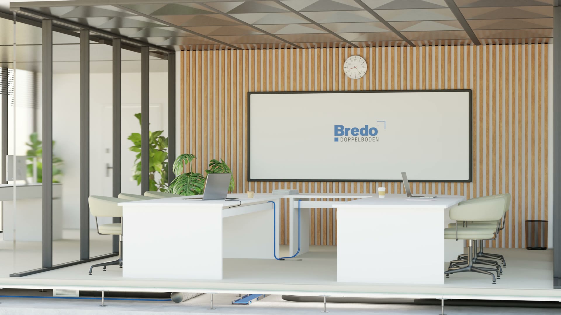 Product demo poured hollow floor: 3D still of a bright office with desks, laptops and a large wall display board on a poured hollow floor