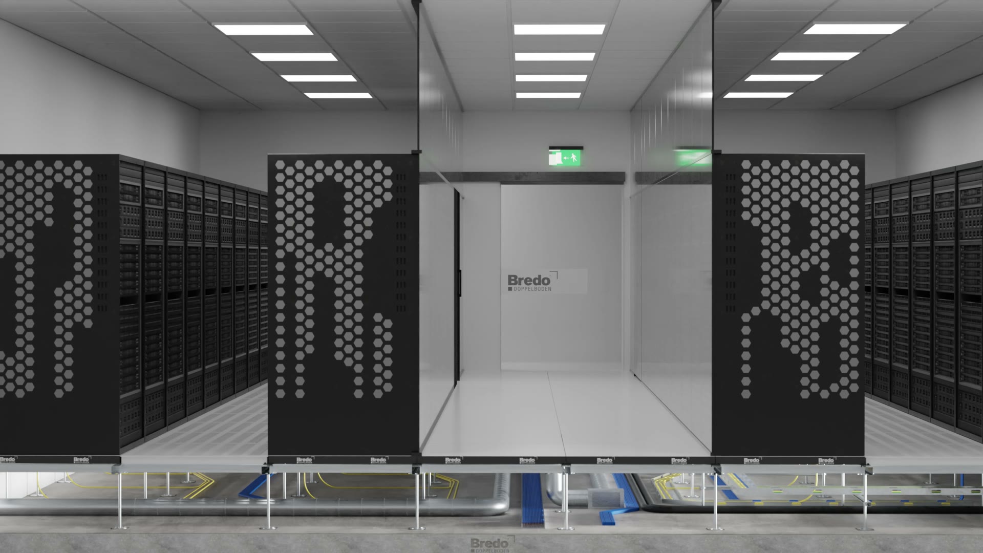 Product demo control room floor: 3D still of a data centre with two rows of black server racks on a control room floor, with a cutaway view of the floor build-up and cable routing at the bottom of the image