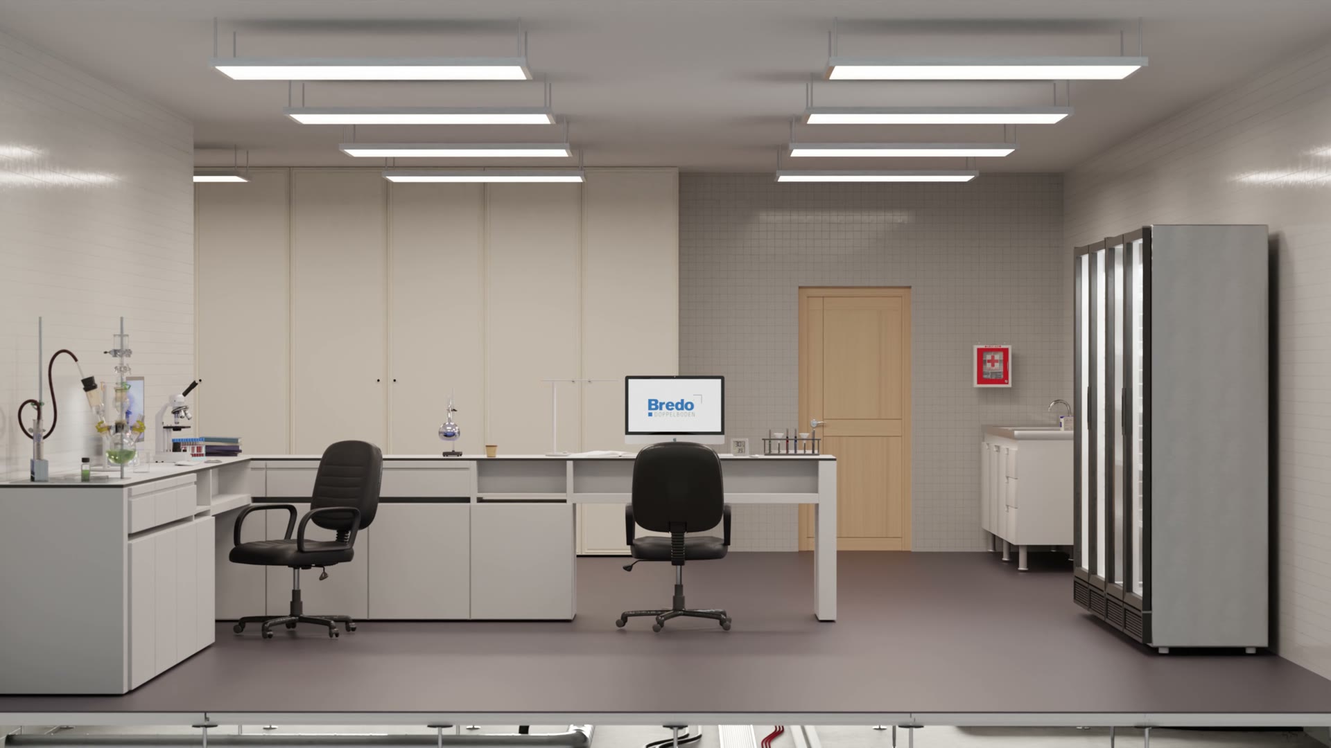 Product demo dry hollow floor: 3D still of a laboratory room with lab benches, a microscope, glassware and swivel chairs on a dry hollow floor